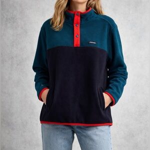 Lands’ End Snap Fleece Pullover Large Colorblock Teal Navy